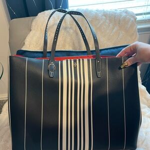 Black and White Striped Tory Burch Tote Bag
